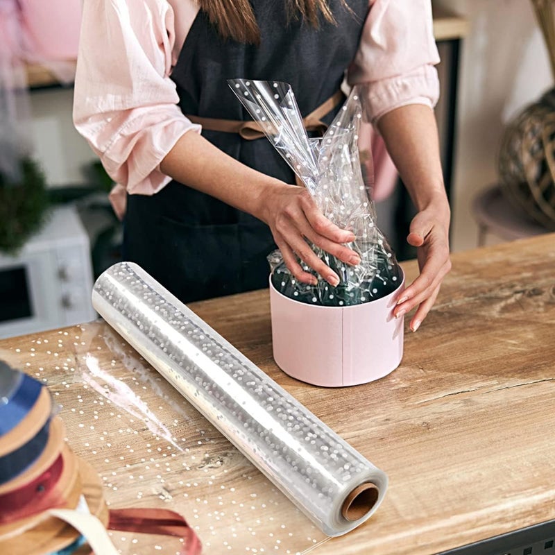 Giiffu Clear Cellophane Wrap Roll (34 in x 148 ft)-Cellophane Roll for Gift Basket, White Polka Dot Wrapping Paper, 3 Mil Thick Plastic Hampers Gift Wrap for Flower Bouquet, Basket, Treats, Crafts - Image 4